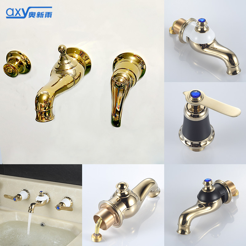 墙式铜芯水龙头面盆浴室柜分体抽拉式冷热开关P洗脸盆三孔双把龙