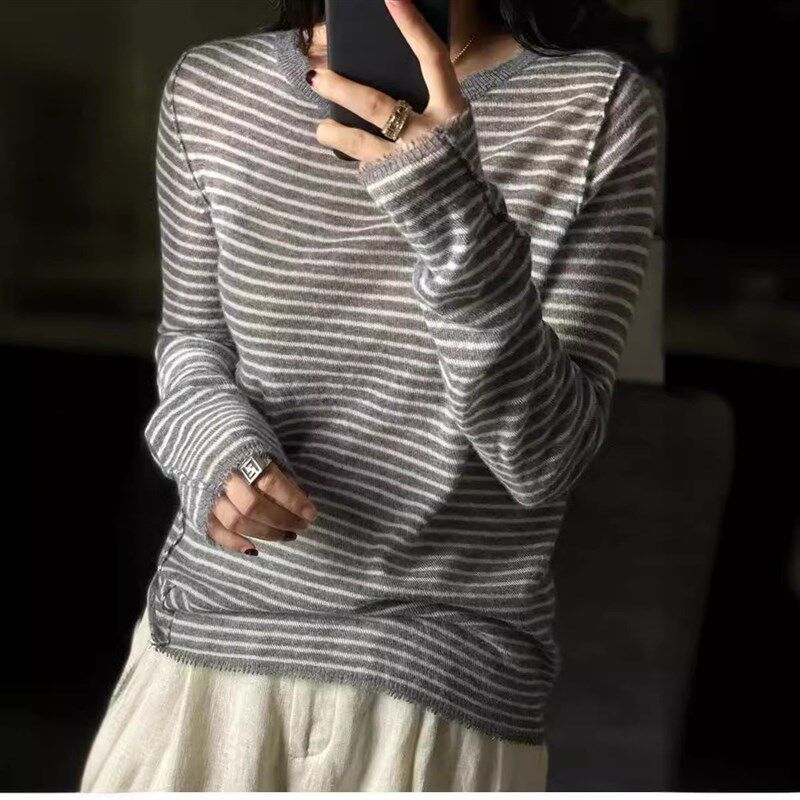 美丽诺精纺超细打底衫女2024春秋款黑白条纹毛衣小众设计感轻薄