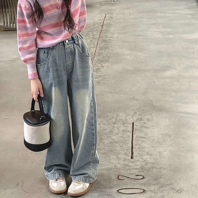 女童裤子春装2024新款网红炸街套装春秋儿童阔腿裤女孩直筒牛仔裤