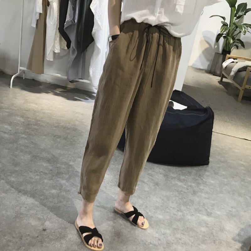 大码棉麻哈伦裤女夏季薄款胖mm高腰宽松200斤直筒休闲九分萝卜裤