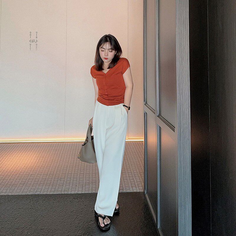 知更鸟自制小个子老钱风通勤白色高腰显瘦阔腿西装长裤女夏季薄款