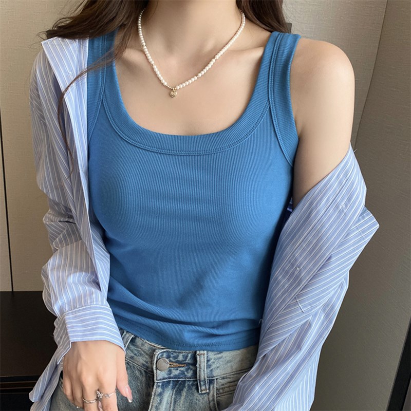 宽肩带蓝色吊带背心女外穿2024夏季新款工字内搭打底无袖方领上衣