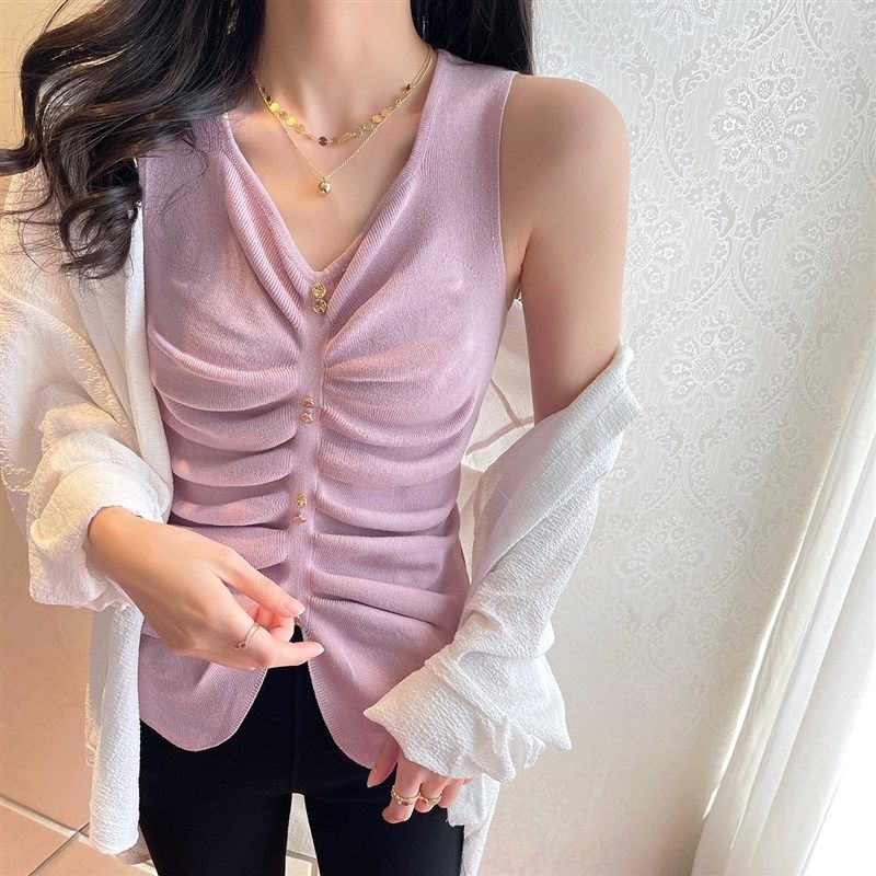 法式设计感小众针织吊带背心女外穿无袖内搭不规则褶皱上衣打底衫,女装/女士精品,背心吊带,淘宝优惠券,粉丝福利购,淘宝优惠卷