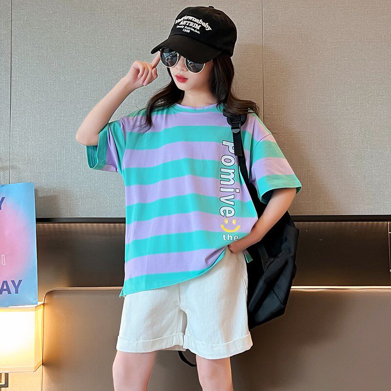 女童短袖t恤夏装2024新款儿童宽松条纹半袖女大童夏季纯棉上衣潮