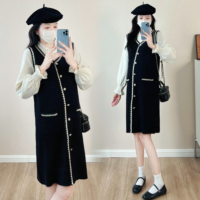 孕妇装春装假两件拼色长袖连衣裙休闲显瘦裙子2025新款春季孕妇裙