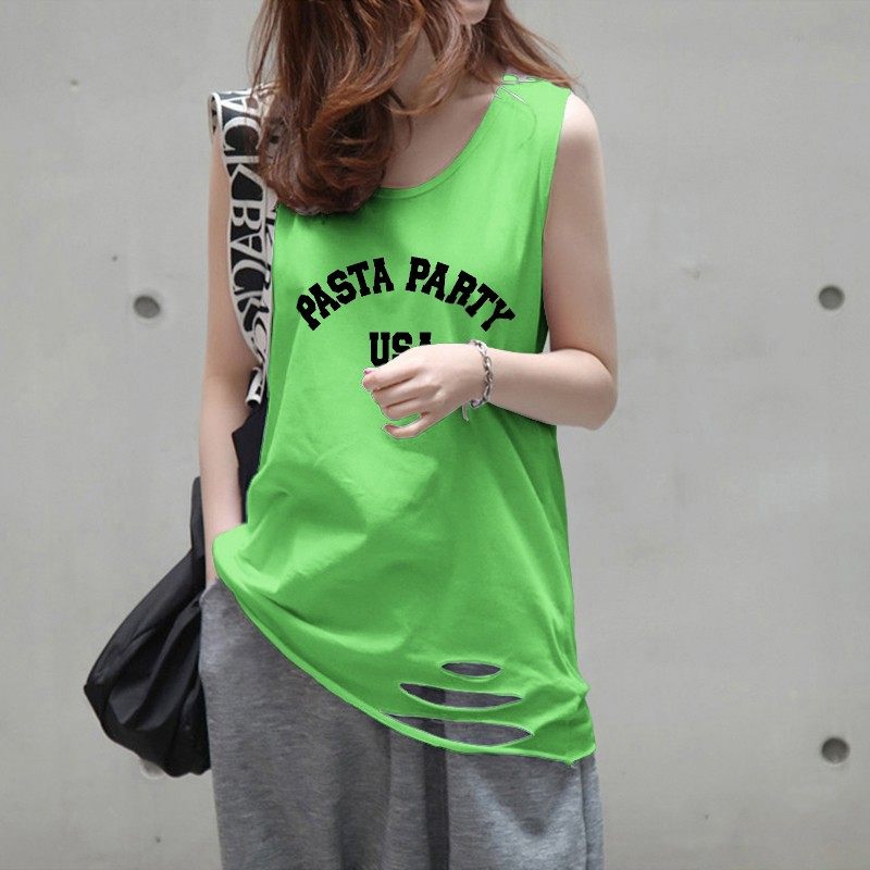 破洞背心宽松无袖上衣女胖妹妹加肥加大码遮肚吊带内搭外穿打底