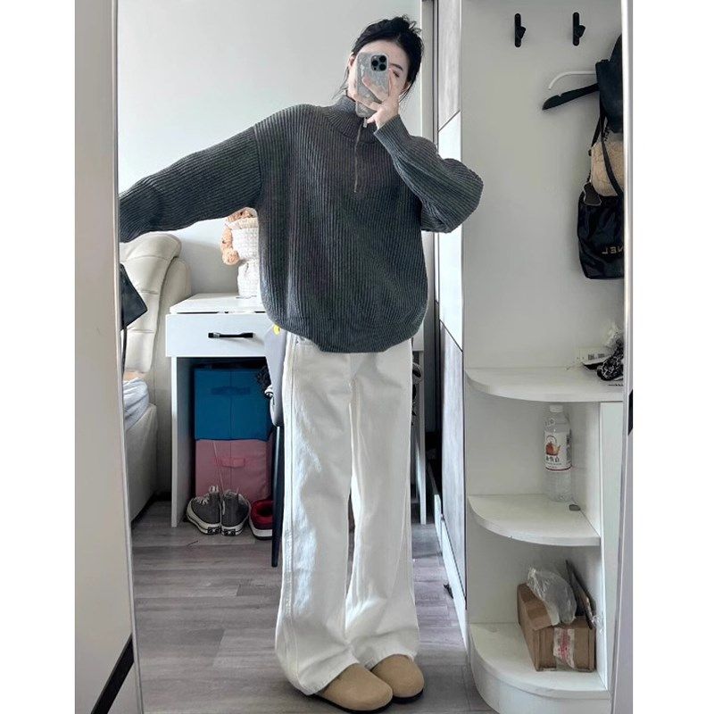 孕妇白色牛仔裤春秋款外穿宽松休闲阔腿裤时尚显瘦直筒长裤春夏装