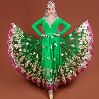 新款新疆舞演出服网纱绣花大摆裙民族特色奢华长裙维族舞女半身裙