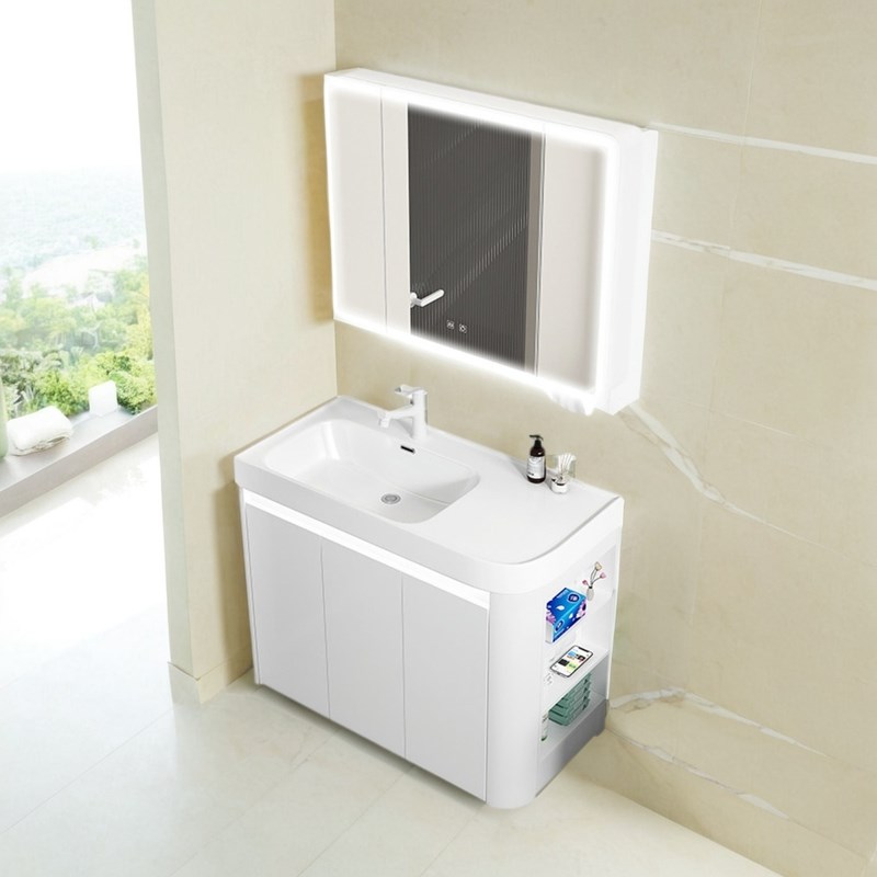 圆弧形浴室柜组合侧边收纳柜洗手盆卫生间陶瓷一体落地式洗脸台盆