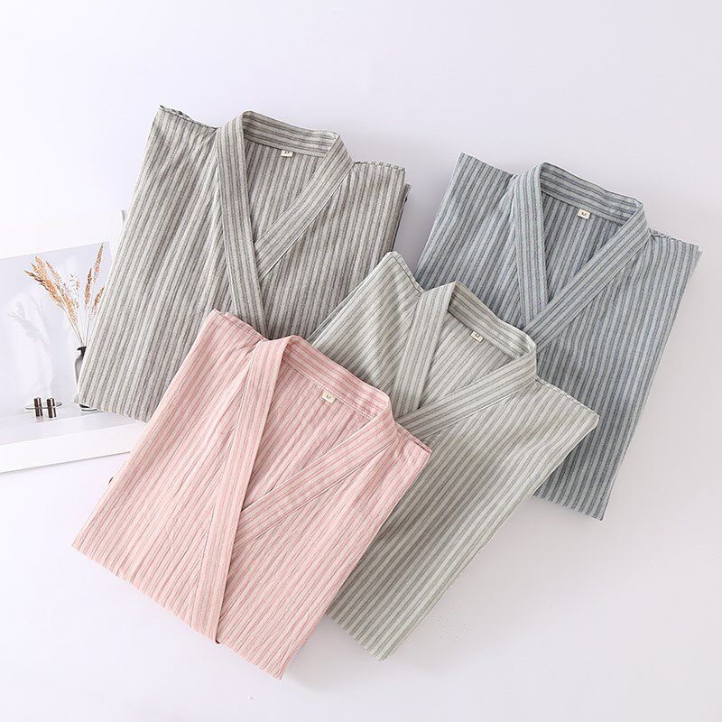 情侣和服睡袍男女士春秋夏季纯棉纱布薄款条纹汗蒸浴袍家居服睡衣