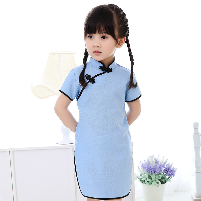旗袍儿童棉麻夏季纯色改良小女孩旗袍裙中国风幼儿园走秀演出礼服