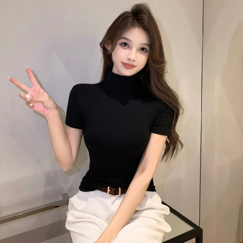 黑色螺纹半高领短袖t恤女春夏针织打底衫内搭紧身中领半袖上衣潮