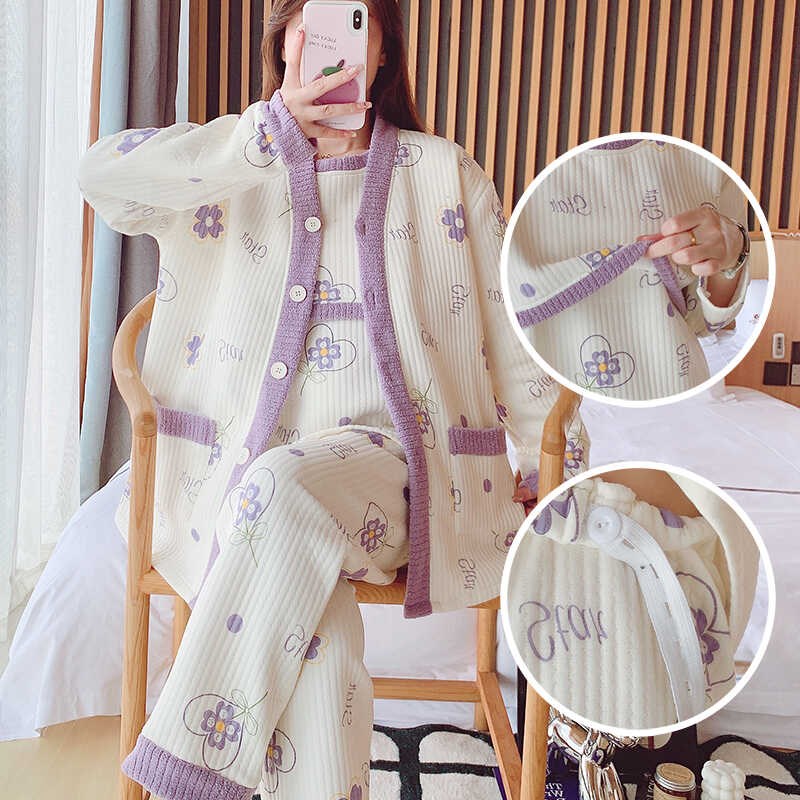 空气棉超大码月子服秋冬季三件套产后孕妇喂奶家居服产妇哺乳睡衣