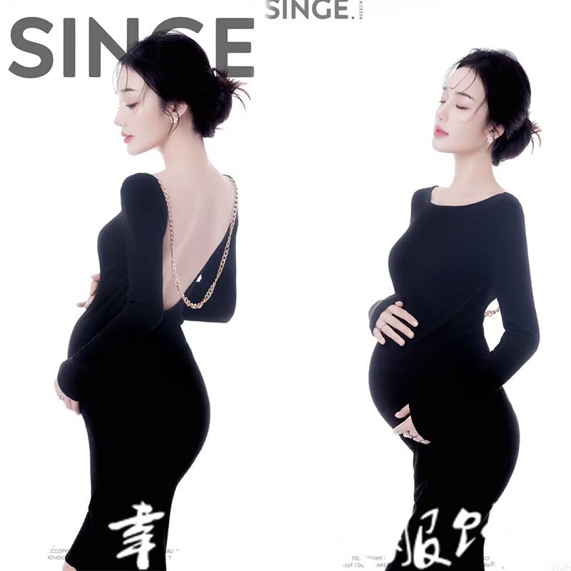 影楼孕妇照黑色一字肩修身针织漏背服装大肚妈咪摄影艺术照在家拍