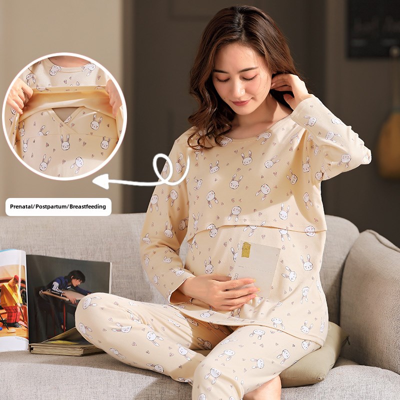春秋季孕产妇纯棉内衣长袖裤孕期哺乳睡衣女式月子服全棉喂奶套装