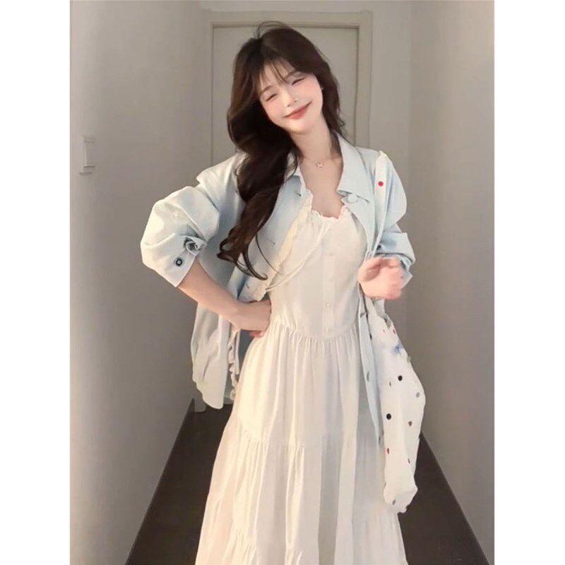 初恋白月光收腰度假风超仙夹克棒球服外套+吊带连衣裙女两件套装
