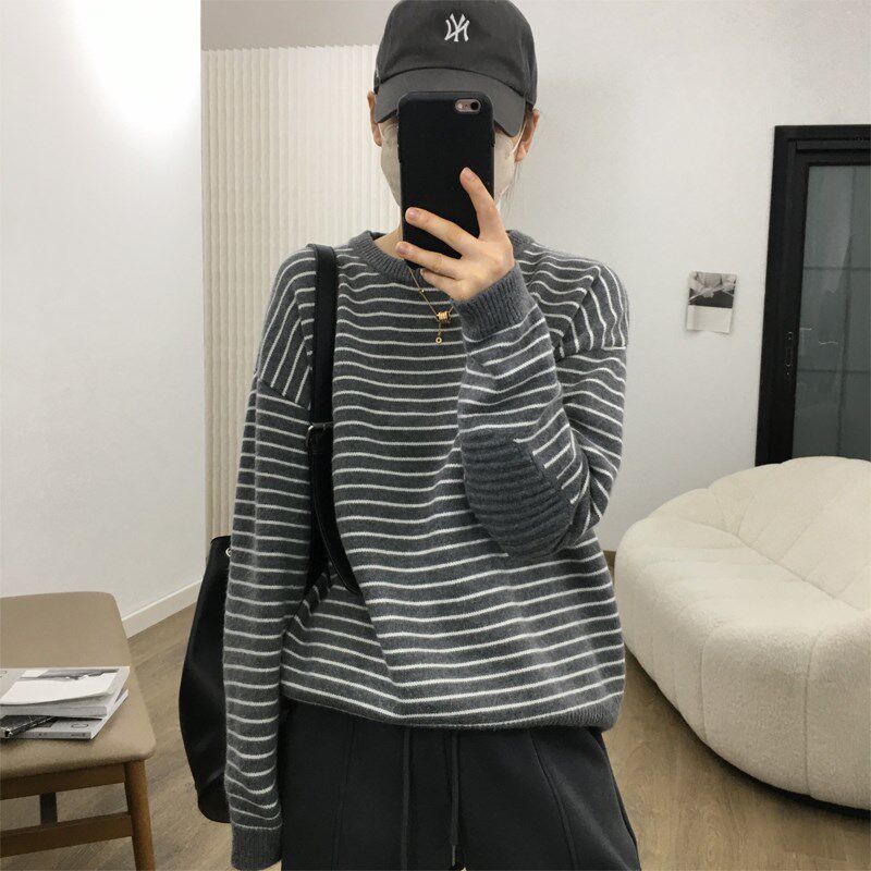 细米定制冬新品撞色条纹补丁毛衣女韩版宽松设计感加厚针织衫上衣