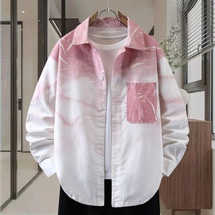 衬衣夹克男装 初中学生长袖 2025新款 男童牛仔外套男青少年渐变衬衫