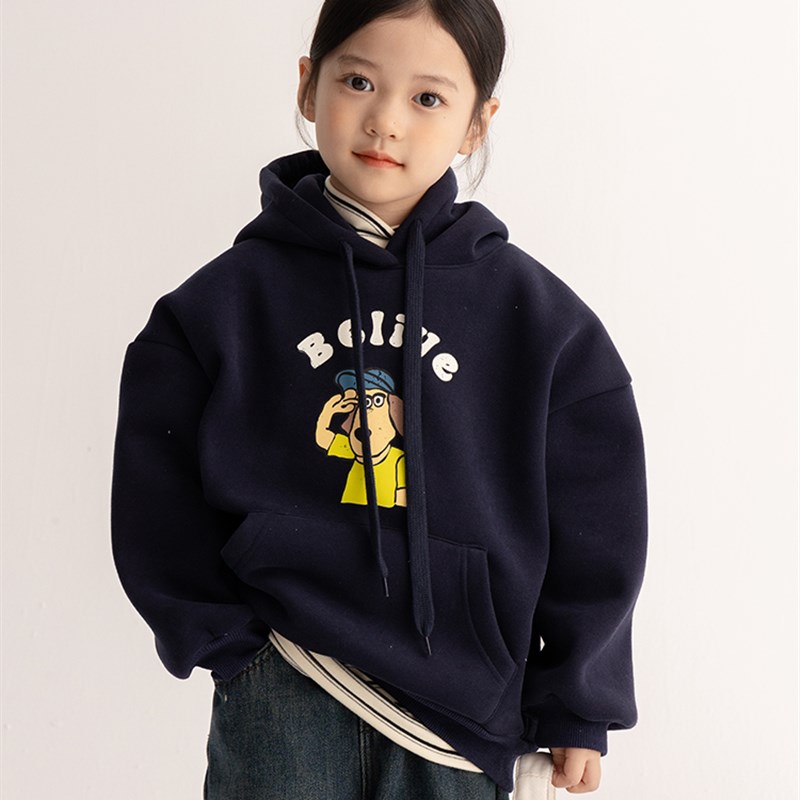 2023冬装新款女童卡通连帽加绒卫衣韩版儿童外套宝宝加厚保暖上衣