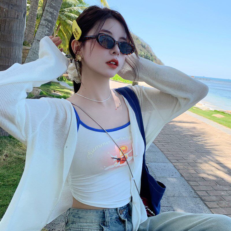 针织开衫女薄款2024年夏季新款吊带外搭防晒罩衫冰丝白色短款外套