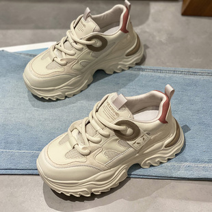 厚底增高透气网面真皮休闲运动鞋 老爹鞋 百搭爆款 新款 女2024年春季