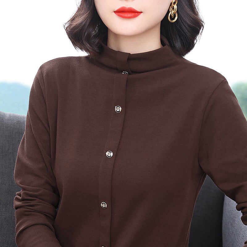 半高领纯棉长袖t恤女扣子大码减龄洋气老人上衣中老年妈妈打底衫
