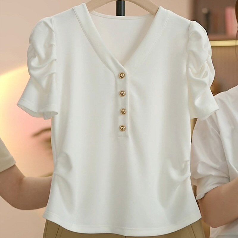 白色V领短袖t恤女夏季新款泡泡袖法式高级感体恤洋气短款卡腰上衣