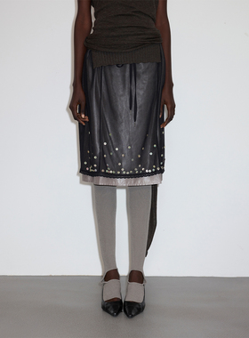 UN MUTE25FW 进口面料贝壳扣装饰H型薄纱拼接腰部抽绳半身裙