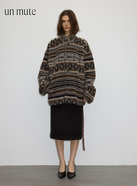 UN MUTE25FW 印第安拼色提花立领拉链设计摇粒绒保暖夹克外套