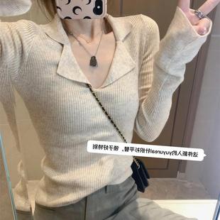 胖mm大码 法式 新款 小众POLO针织衫 毛衣女显瘦内搭上衣 设计感打底衫
