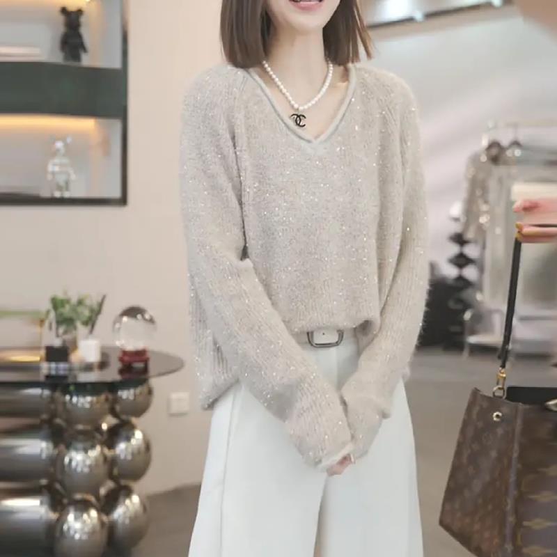 高级感细闪V领毛衣女秋冬2025新款大码胖MM设计感长袖针织衫上衣