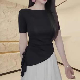 女装 开叉短袖 胖MM大码 修身 潮 t恤上衣2025新款 荷叶边一字领针织衫