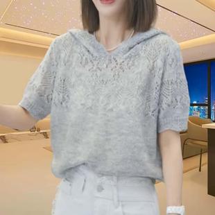 连帽短袖 t恤女夏季 新款 洋气抽绳镂空设计上衣休闲百搭减龄针织衫