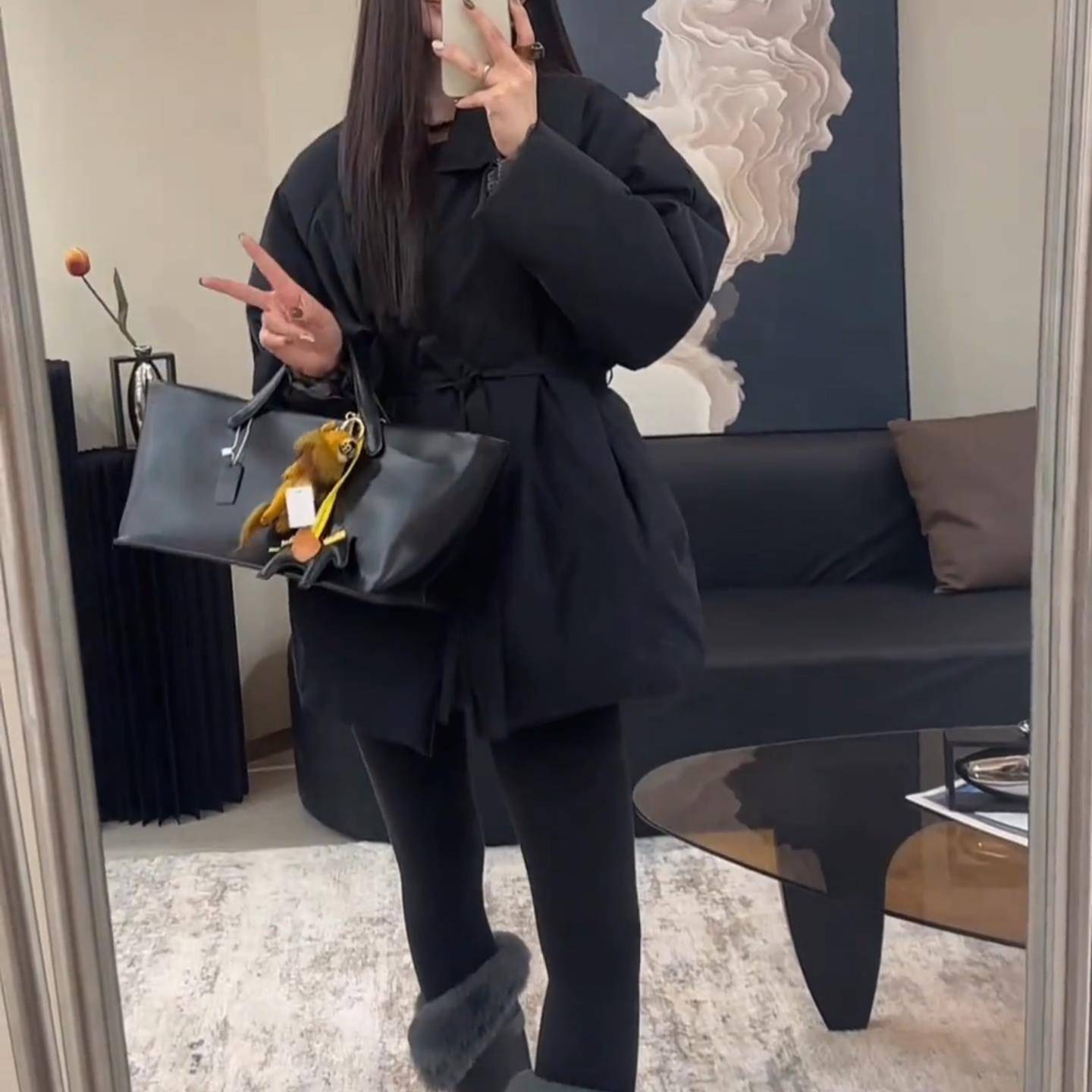 胖mm韩系穿搭黑色收腰绑带羽绒棉服女大码冬季2025新款棉衣外套女