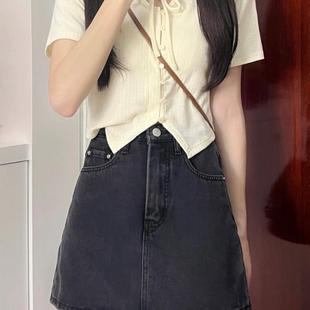 胖mm大码 正肩短袖 小衫 t恤女夏季 chic甜辣短上衣 设计感小众polo衫