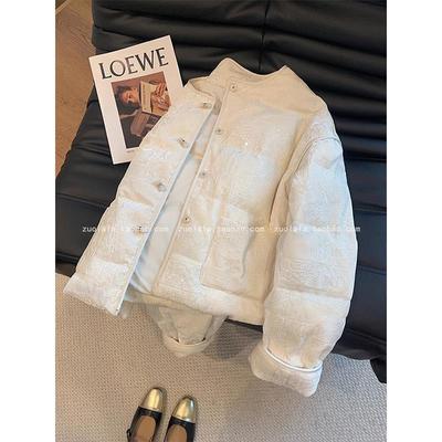 白色新中式国风提花刺绣短款羽绒棉服女冬季大码气质加厚棉衣外套