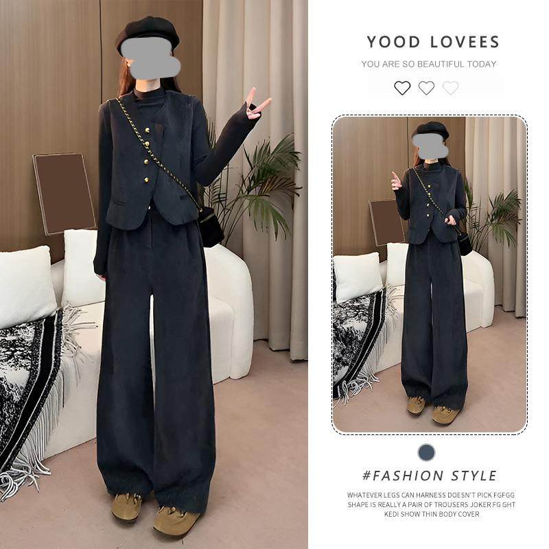 灰色马甲上衣阔腿裤套装女春秋老钱风三件套ootd穿搭大方得体减龄