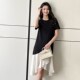 撞色不规则连衣裙女宽松显瘦长裙气质优雅收腰短袖 赫本风a字裙子