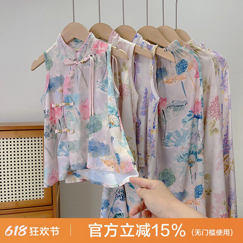 国风清凉棉绸两件套2025夏季女童透气人棉背心凉感防蚊长裤子
