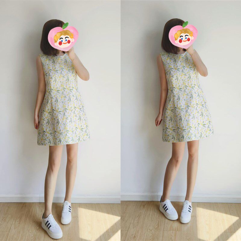 清新甜美淡雅黄色小碎花收腰显瘦连衣裙夏季修身背心裙无袖裙子