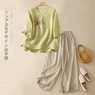 大尺码文艺覆古苎麻妈妈夏装套装中老年女装棉麻亚麻宽裤两件套女