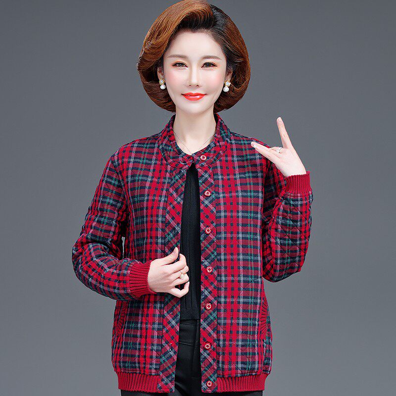 妈妈夹棉外套秋冬装棉袄厚外套中老年50岁妇女短款纯棉格子小棉衣