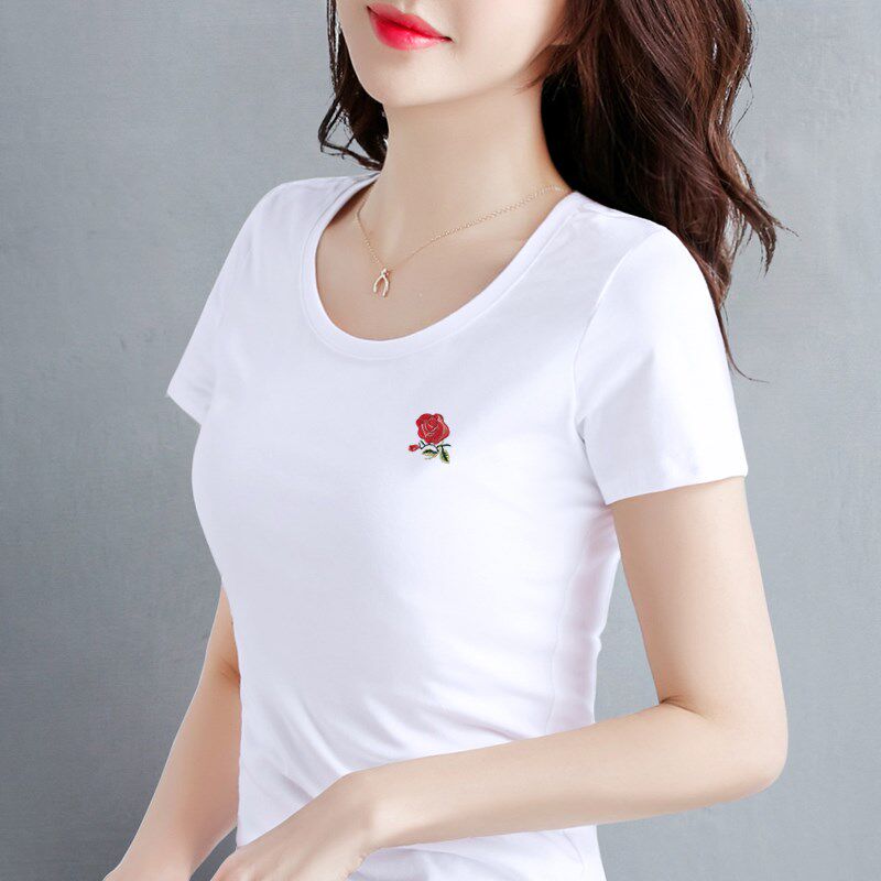 大码短袖T恤女装夏装新款2024修身白色百搭半袖体恤衫纯棉上衣服