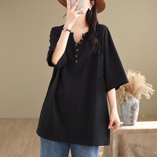 韩版V领半袖宽松t恤女中长款2025年新款夏季大码遮屁股上衣打底衫