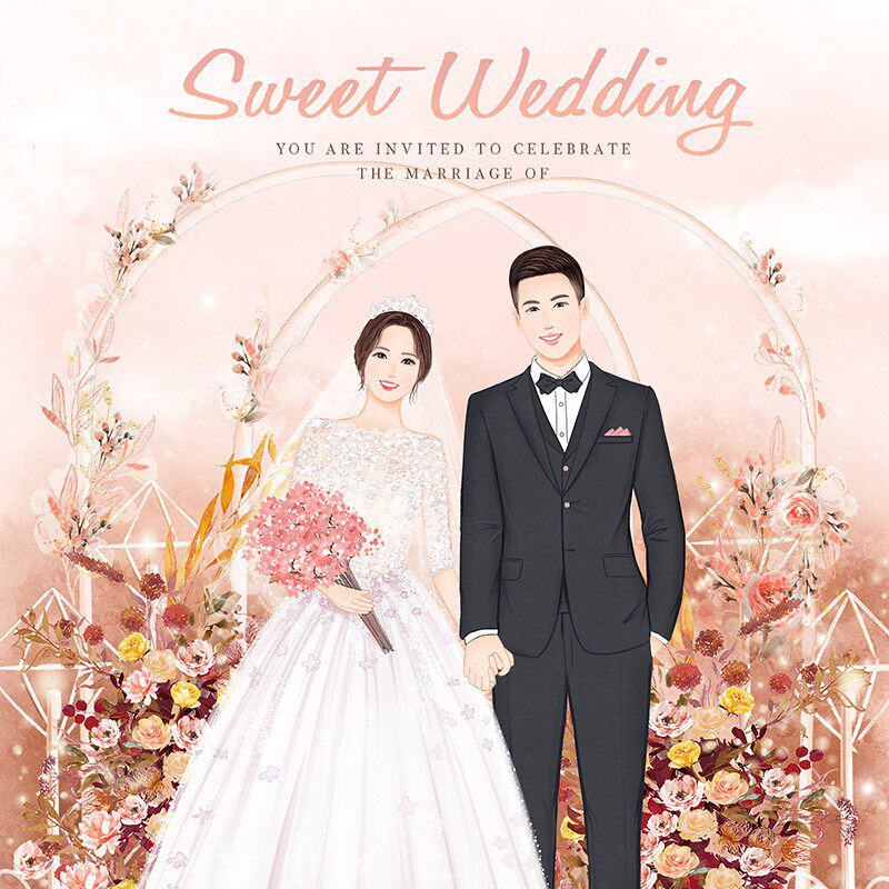 婚纱照手绘 插画婚礼请柬s定制 情侣画像 迎宾牌设计 喜帖请帖设