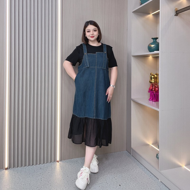 大码牛仔假两件拼接荷叶边连衣裙女2023早秋新款胖mm复古休闲裙子