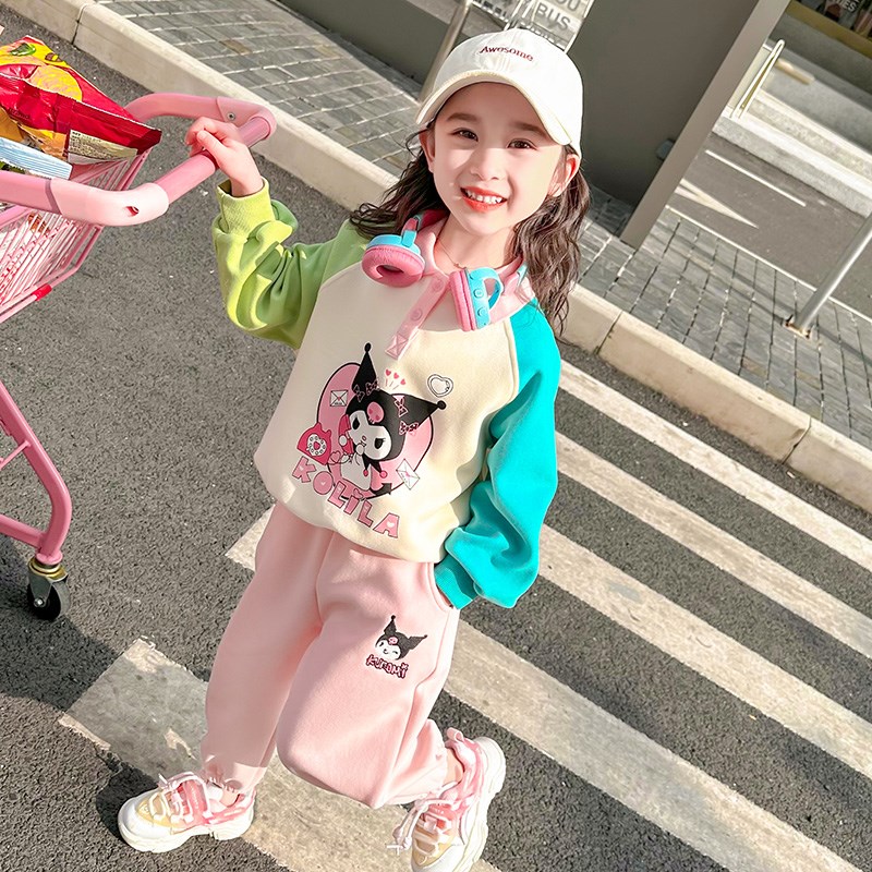 女童库洛米卫衣拼色套装春秋款2024新款儿童洋气时髦秋季宝宝秋装