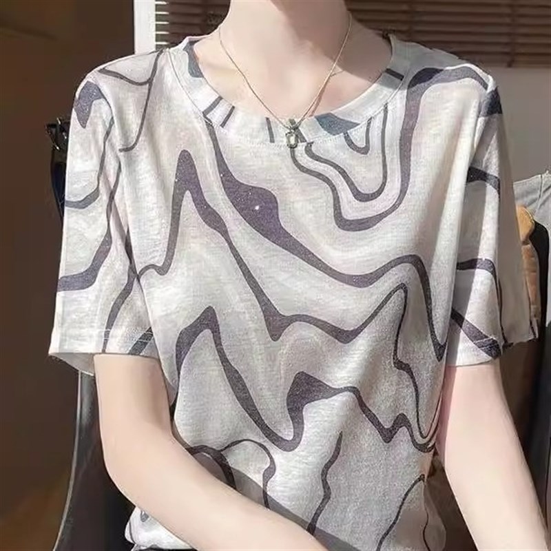 2025春季新款复古风水溶扎染印花圆领T恤女洋气显瘦打底短袖小衫