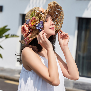 镂空帽子女韩版潮百搭花朵草帽女夏季小清新手工编制沙滩帽可折叠