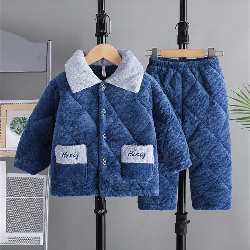 冬季青少年三层夹棉儿童睡衣 柔软牛奶绒加厚加绒男童家居服套装